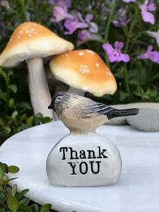 Miniature FAIRY GARDEN ~ Tiny THANK YOU Tan Bird on Stone ~ Buy 3 Save $6 - Picture 1 of 2