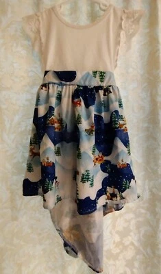 Hi Low Christmas Dress White, Lace Trim Blue Santa Snow Print 5T New - Image 1 of 4