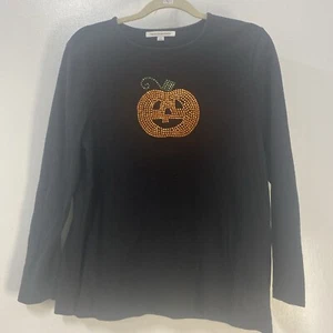 Mercer Street Women’s Halloween Pumpkin Blk Long Sleeve Shirt Bedazzled Sz L - Picture 1 of 5