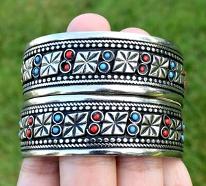 Pair Adjustable Vintage Turkmen Cuff Bracelet Ethnic Kuchi Silver Tribal Vintage - Picture 1 of 8
