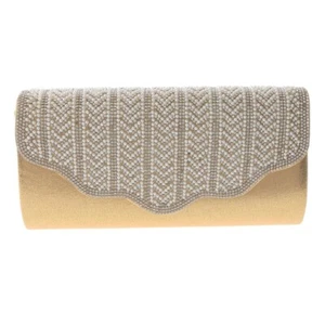 Fashion Satin Fabric Rhinestone Pearl Evening Bag TLX086-GLD - Picture 1 of 3