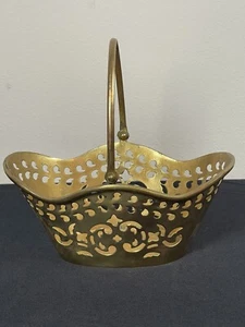 Brass Flower Basket with Folding Handle Small Cutout Floral 6" x 6" - Picture 1 of 8