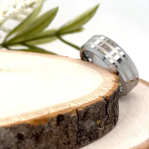 8mm Unisex Tungsten Carbide Wedding Band dual Stripe Brushed Polished Edges Ring - Picture 1 of 4
