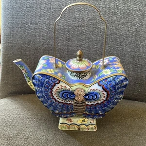 Vintage Chinese Copper-body painted enamel Tea Pot Cloisonné Butterfly - Picture 1 of 18