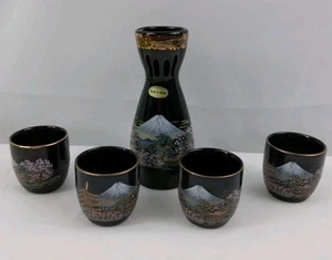 5 Piece Black Cherry Blossom Mountain Sake Set Made In Japan - Picture 1 of 9