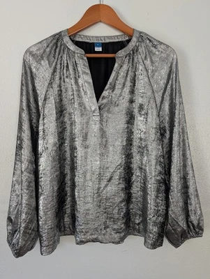 Old Navy 女式上衣闪亮银色长袖 V 领闪亮 M 码 Rave Party — 第 1/4 张图片