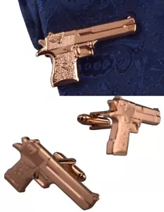 Rose Gold Novelty Gun 4CM Cufflinks Tie Bar Metal Skinny Slim Clip Gift SET UK - Picture 1 of 3