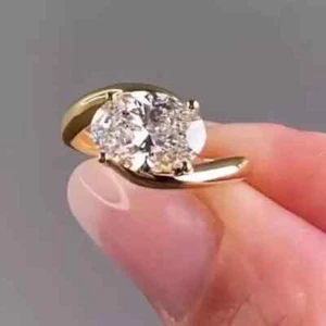 Anillo solitario de diamantes cultivados en laboratorio certificado corte ovalado de 2 quilates de oro amarillo de 14 k talla 6,5 - Imagen 1 de 13