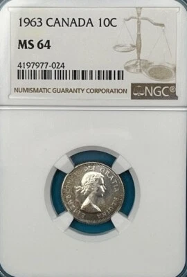 1963 Canada Silver 10c Dime NGC MS 64 toned - Image 1 of 4