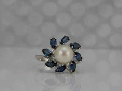 585 Weißgold Ring mit Perle und Saphire - Bild 1 von 4