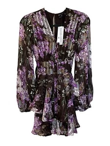 ASOS DESIGN-Satin Stripe Button Front Mini Dress-Size: 2-Color: Brown Floral-NEW - Picture 1 of 22