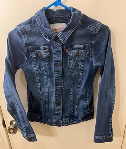 Worn Levi Strauss 4 Front Pockets Blue Jean Jacket Teen Girls Size XL  GC - Picture 1 of 9