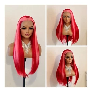 Red With Pink Wig Long Straight 100% Human Hair 13x4 Lace Front Wig Glueless - Picture 1 of 7