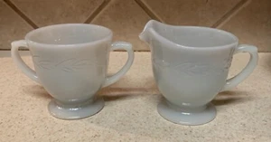 Vintage Anchor Hocking Fire King Gray Luster Laurel Leaf Cream And Sugar Set - Picture 1 of 13