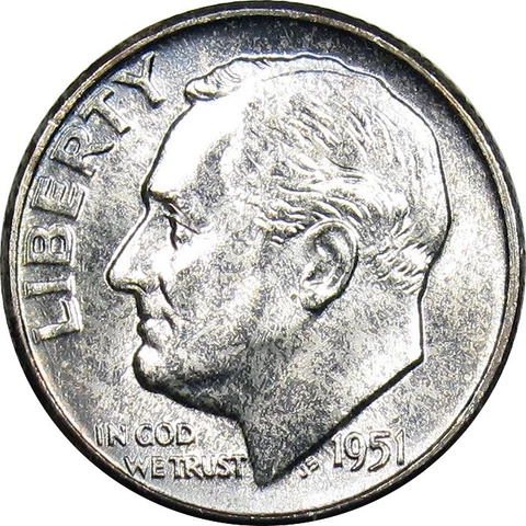1951 Roosevelt Dime GEM BU Toning (WR16) Cover