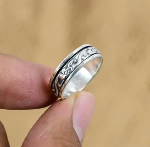 Anello Meditazione Design Argento Sterling 925 Massiccio Fatto a Mano Spinner Tutte le Misure - Foto 1 di 4