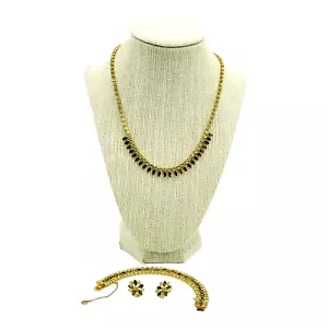 B. David Vintage Bracciale Collana Orecchino Verde Strass Tono Oro Firmato - Foto 1 di 12