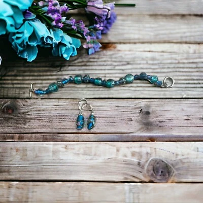 Glass Bead Bracelet Earrings Lot Turquoise Color Silver Hardware Jewelry Set - Image 1 of 4