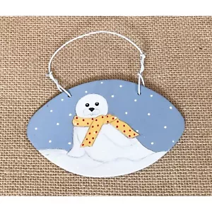 White Seal In Snow Painting On Flat Wood Ornament Christmas Kitsch Whimsical - Picture 1 of 4