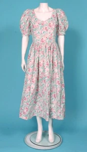 Vintage 80s LAURA ASHLEY Floral Pink Green Puff Sleeve Dress Cottage US 12 /747 - Picture 1 of 6