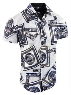 Men Short Sleeve Shirt Italian Lion Floral Gold Stripe Flip-Cuff Stretch Slim - Image 1 of 3