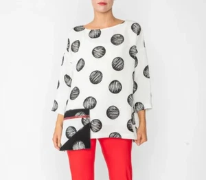 Top túnica IC Collection para mujer XL blanco negro lunares bolsillo hombro caído - Imagen 1 de 7