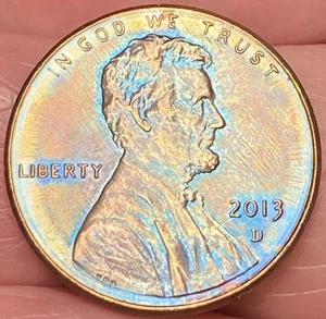 2013-D Lincoln Shield Penny Beautiful Lustrous Rainbow Toned Coin #12 - Picture 1 of 12