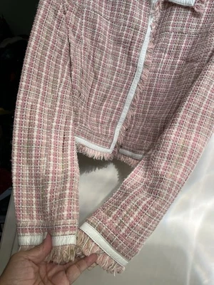 JAQUETA DE TRABALHO E FESTA DESIGN COURO BRANCO TWEED ROSA CLÁSSICO LAVANDERIA FRANCESA NOVA COM ETIQUETAS - Imagem 1 de 4