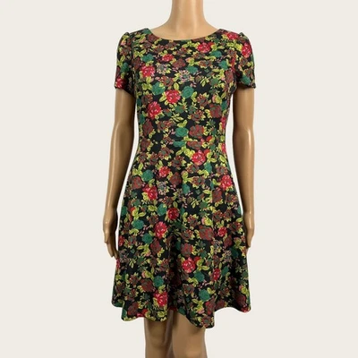 Ark & Co MEDIUM Navy Blue Green Pink Rose Floral A-Line Fit Flare Skater Dress - Image 1 of 4