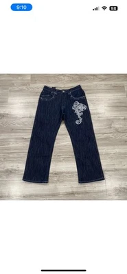 Pantalones de mezclilla vintage Delf Trading Imperious para hombre 32x30 azul oscuro bordados grunge Y2K Foto 1 de 4