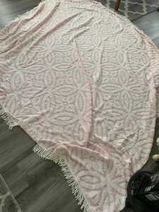 Vintage Chenille Cotton Bedspread Pink White Fringe 92-x96 - LOT30-27 - Picture 1 of 3