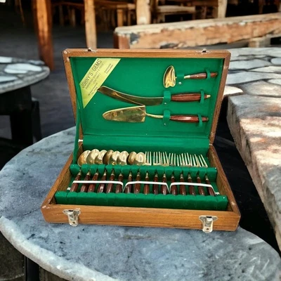 Set da dessert vintage Mid-Century Thailandia bronzo e palissandro custodia in legno 19 pezzi - Immagine 1 di 4