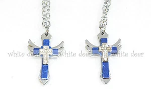 1 Par Collar Colgante Su Cruz Acero Inoxidable Estrás Ala Azul - Imagen 1 de 1