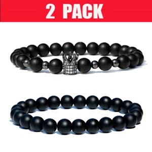 2Pcs CZ King Black Crown Natural Matte Onyx Beaded Bracelet Jewelry Set for Mens - Picture 1 of 12