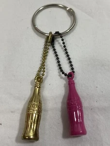 Vintage Coca Cola Coke Bottle Keychains Golden Gold And Pink With Black - Picture 1 of 1