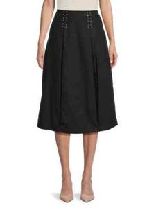 Karl Lagerfeld Paris Women's Cotton Pull On Lace up Front MIDI Skirt Black 6 - Picture 1 of 5
