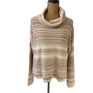 Hem & Thread Womens Striped Sweater Pullover Loose Khaki Cream Size M Cowl Neck - Picture 1 of 12
