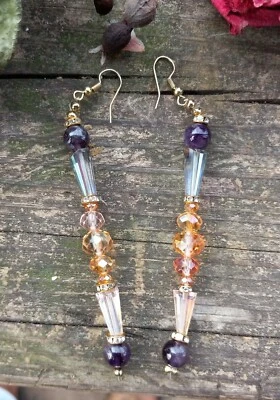 Handmade amethyst and champaign crystal glass beaded, long, dangle earrings - Image 1 of 2