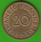 Münze Saarland 20 Franken 1954 in vz hübsch nswleipzig