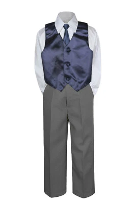 Conjunto de 4 piezas Formales GRIS OSCURO Pantalones Camisa Chaleco Satinado Corbata Niño Bebé Niño Pequeño S-7 Foto 1 de 2