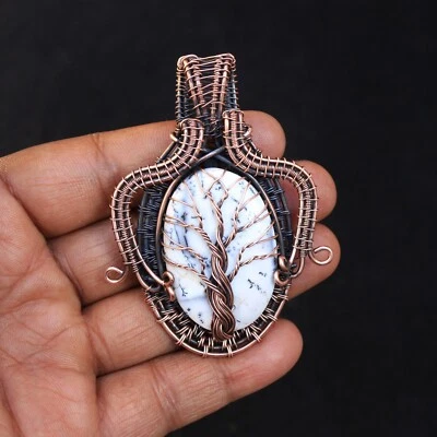 Pingente de pedra preciosa opala dendrito envoltório fio de cobre árvore da vida joias presentes NK591 - Imagem 1 de 4
