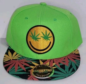 Green Smiley Face Marijuana Leaf Weed Eyes Emoji Snapback Hat 420 Themed Cap - Picture 1 of 2