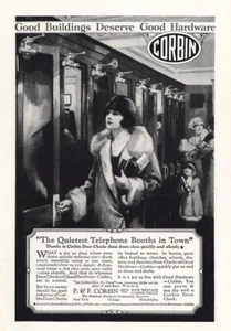 1925 P&F Corbin: Cabine telefoniche più tranquille della città pubblicità stampa d'epoca - Foto 1 di 1