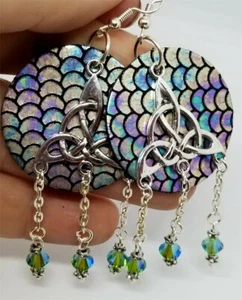 Mermaid Scales Real Leather Earrings with a Triquetra and Swarovski Crystals - Picture 1 of 5