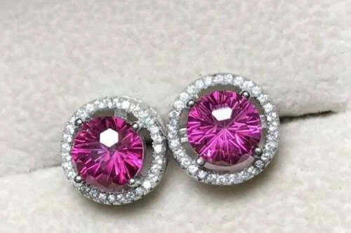 14k White Gold Over Lab-Created 3.10 CT Red Ruby & CZ Beautiful Stud Earrings - Image 1 of 4