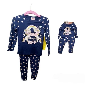 Girl & 18" Doll Pajama Sets: 4/5 Matching Blue Hearts Unicorns - Picture 1 of 5