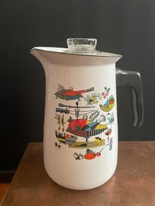 Georges Briard Coffee Percolator Mid Century White Enamel with Turkey / Harvest - Picture 1 of 10