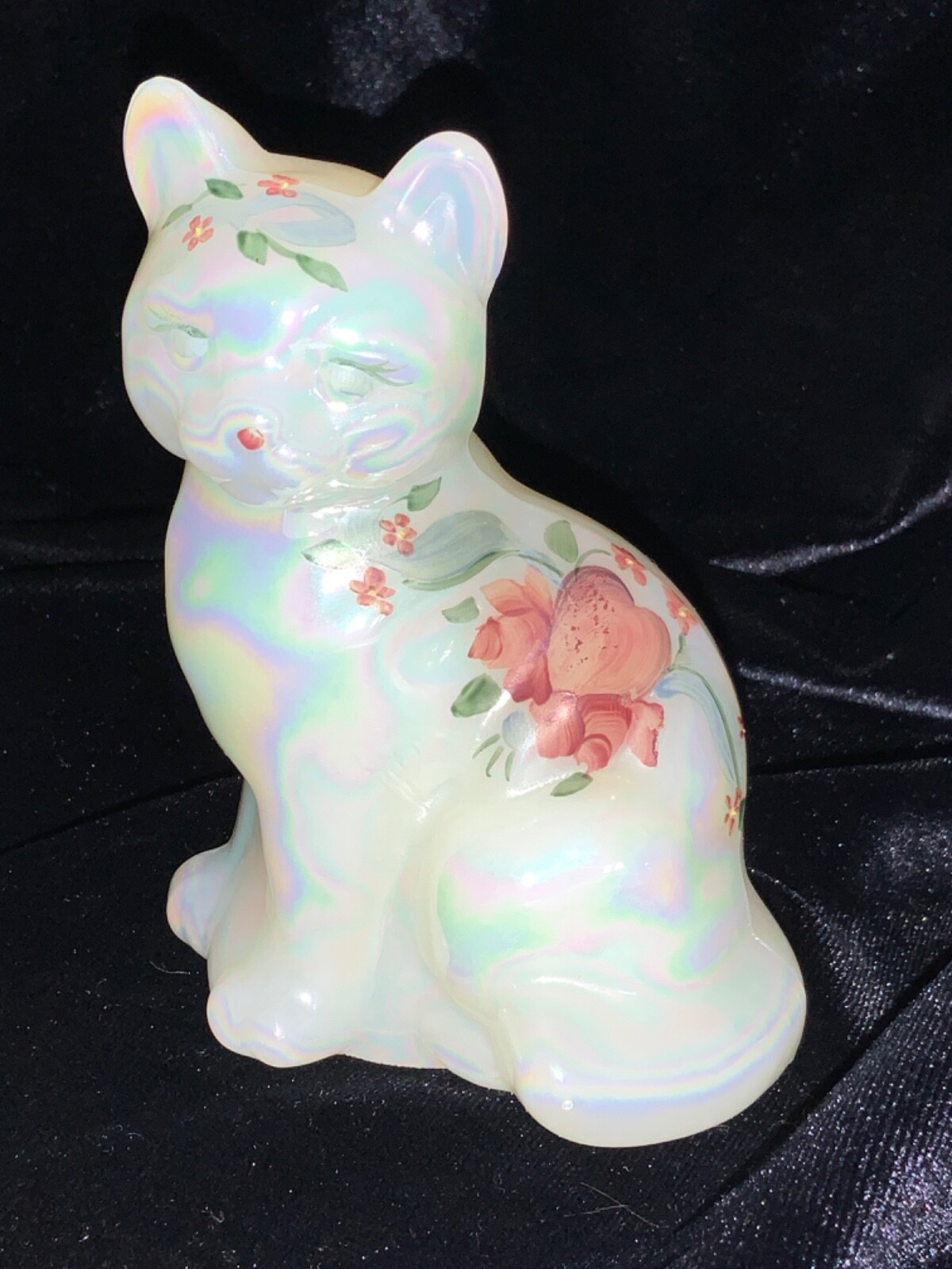 vintage fenton blue opalescent glass cat hand painted fenton glass cat