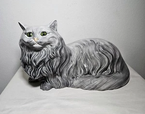 1985 Ceramic Gray Persian Cat Green Eyes Lifesize Figurine Signed 16.5"x10"x9.5" - Picture 1 of 16