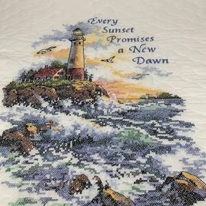 LIghthouse Blanket Throw Wall Hanging Cross Stitch Coastal Ocean Scene 32" x 41" - Picture 1 of 14